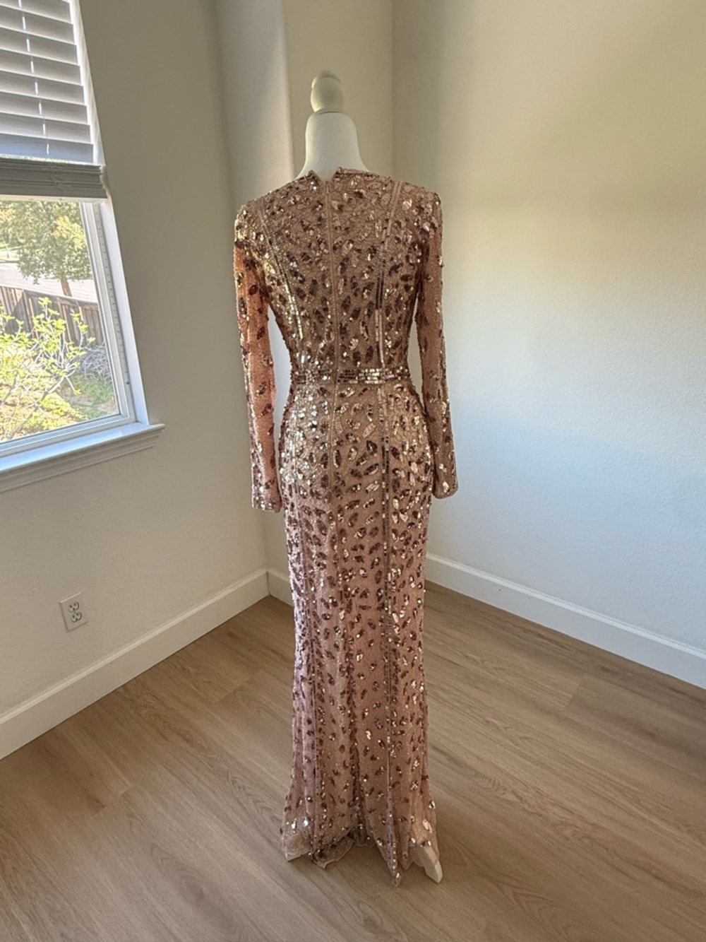 Mac Duggal Rose Gold Sequin V-Neck Long Sleeve Gown - Picture 2 of 6